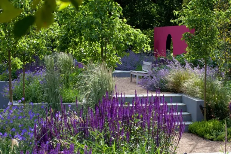 Terraced garden with purple and green perennial beds, a small tree, and a light stone path winding through structured planting.