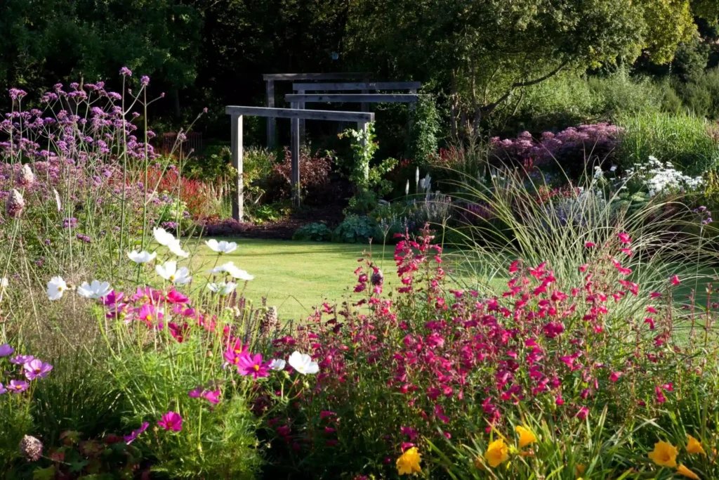 Terraced Surrey garden with vibrant layered perennial planting and manicured lawn, illustrating structured and luxury garden design.