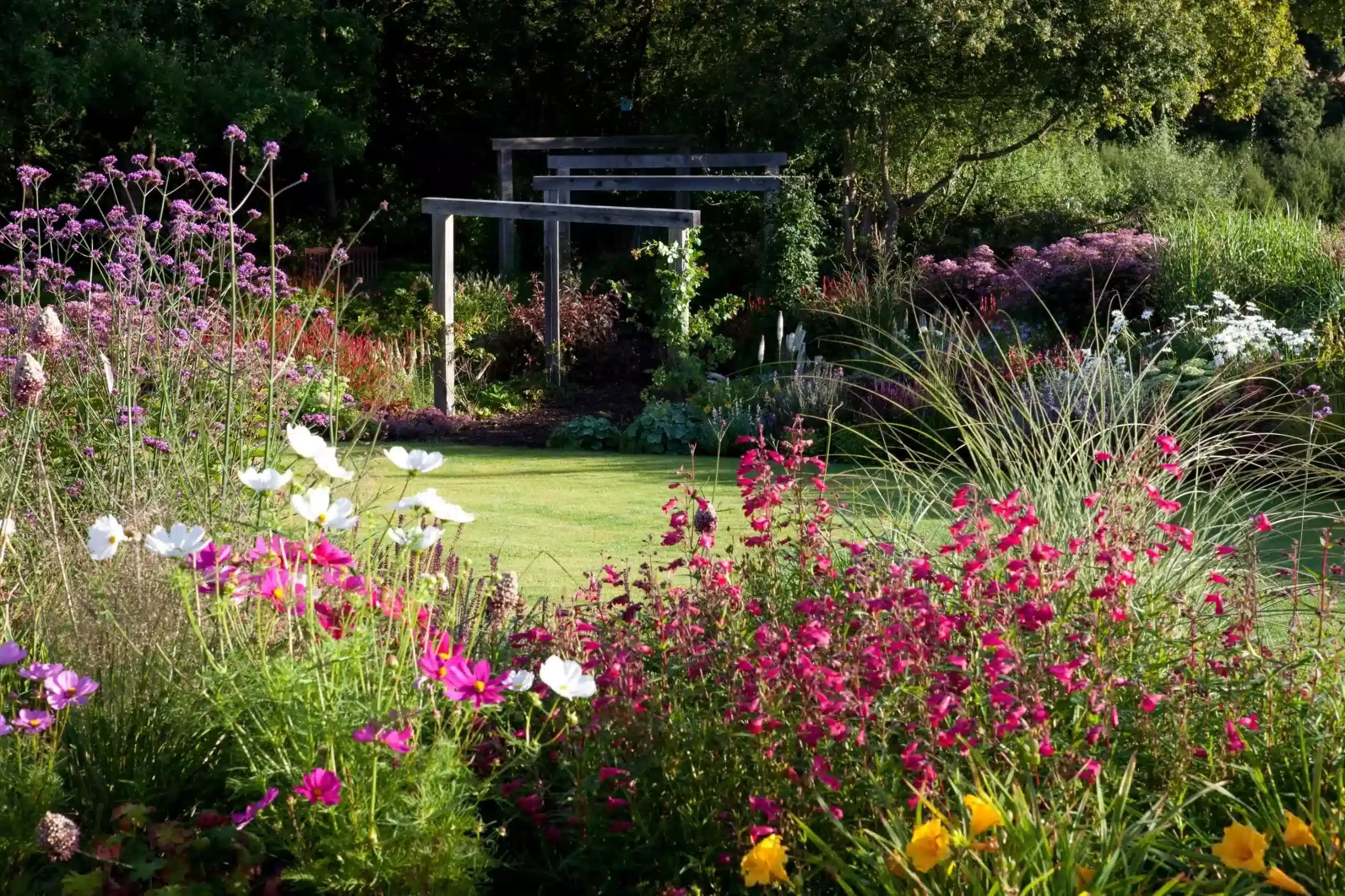 Terraced Surrey garden with vibrant layered perennial planting and manicured lawn, illustrating structured and luxury garden design.