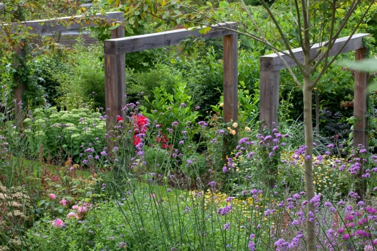 Garden scene with wooden trellis structures, mixed flowering plants, and green foliage in a natural landscaped setting.