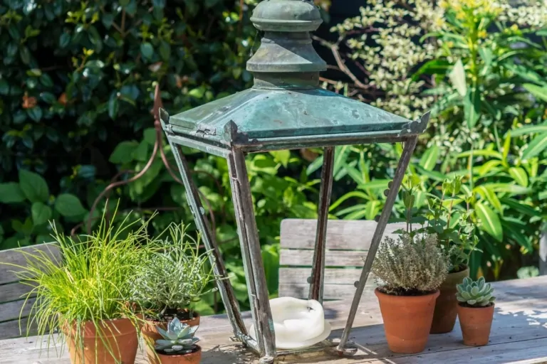 Shaded terrace with outdoor seating and potted plants, surrounded by lush greenery, illustrating a tranquil Surrey garden design.