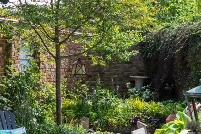 Terraced garden with mixed perennial planting, manicured hedges, and layered seasonal colours, highlighting luxury Surrey landscaping.