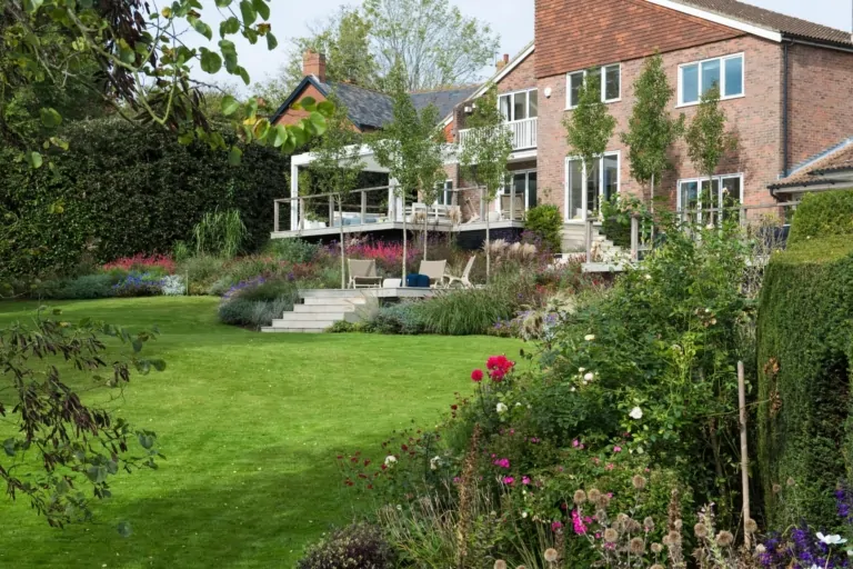 Layered perennial planting with ornamental grasses in a modern Surrey garden, creating vibrant seasonal colour and structured luxury landscaping.