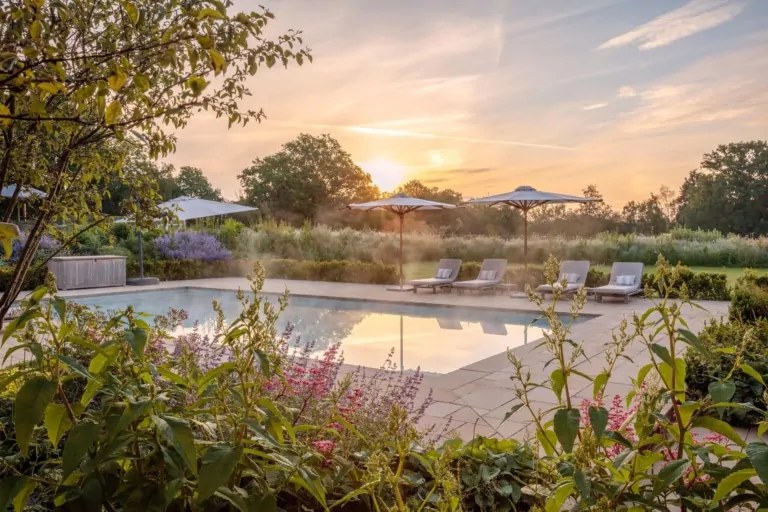 Layered planting with ornamental grasses and perennials around a luxury garden pool, demonstrating high-end modern garden design.