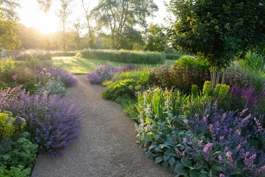 Sunlit garden pathway lined with purple and green perennials, creating a naturalistic and tranquil Surrey garden scene.
