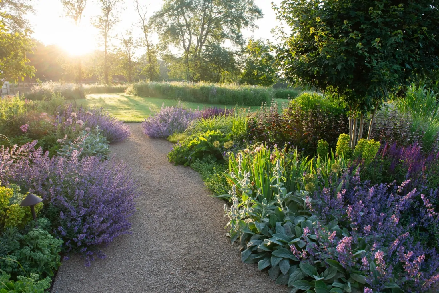 Sunlit garden pathway lined with purple and green perennials, creating a naturalistic and tranquil Surrey garden scene.