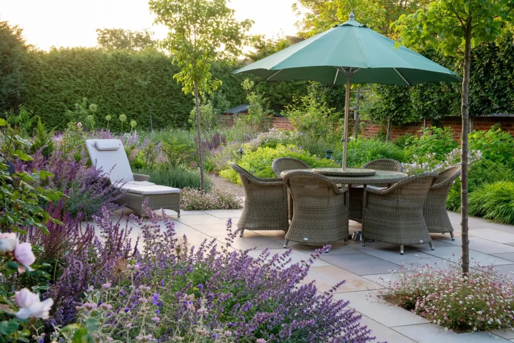 Patio with round table, wicker chairs, and green umbrella, surrounded by dense flowering plants and ornamental greenery.