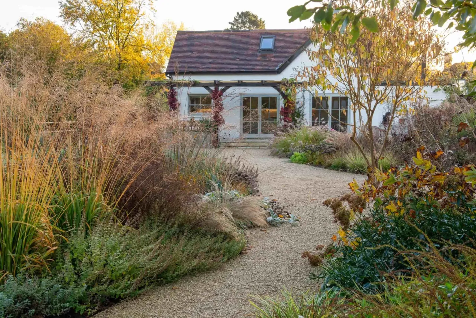 Autumn garden with gravel pathways, ornamental grasses, and a white house in the background creating a seasonal landscaped retreat.