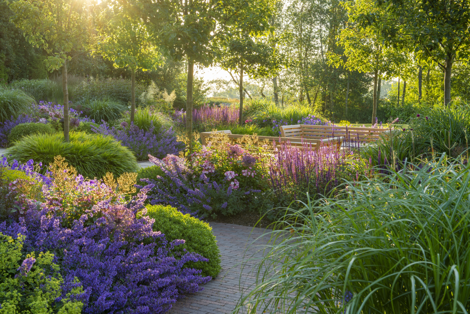 Structured garden with flowering borders, trimmed shrubs, and winding gravel paths in a contemporary landscape design.